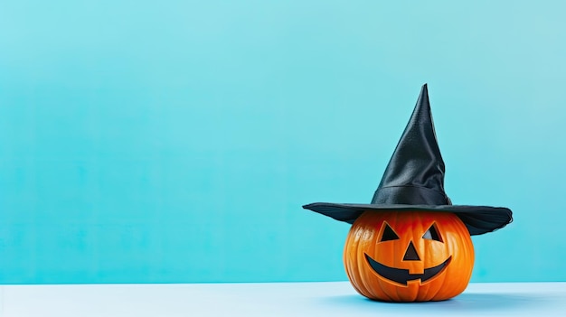 Halloween pumpkin with witch hat on blue background Copy space