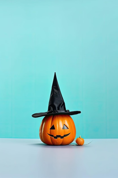 Halloween pumpkin with witch hat on blue background halloween concept