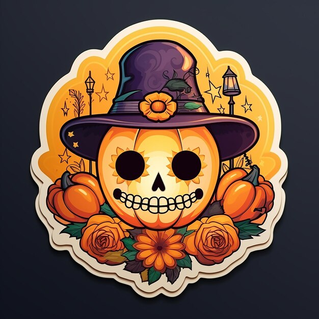 Halloween pumpkin with witch hat and flowersillustration for your designSticker day of the dead