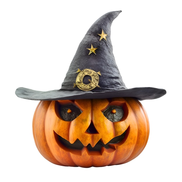 Halloween pumpkin with witch hat isolated on white background Clipping path