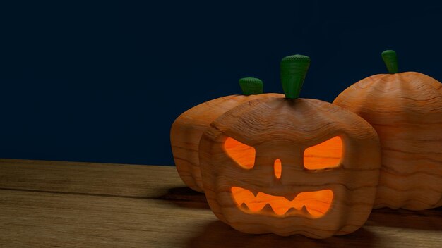 La zucca di halloween sul tavolo di legno per il rendering 3d di concetto di vacanza