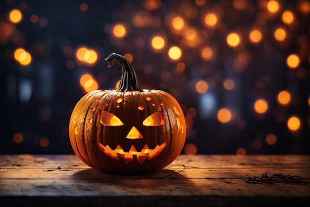 Halloween Pumpkin On Wooden Plank With Candles In A Spooky Night