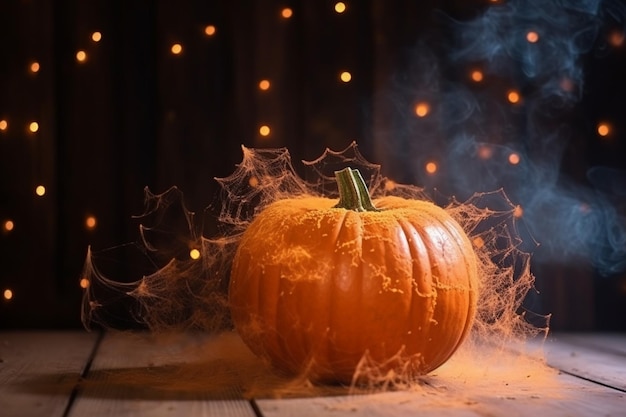 Halloween pumpkin on the wooden table full with smoke