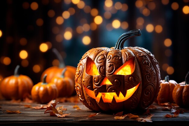 halloween pumpkin on wooden table with candles in dark night