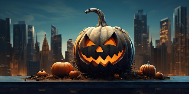 Halloween Pumpkins adorn a modern city backdrop illuminated by mesmerizing neon glows AI Generative AI