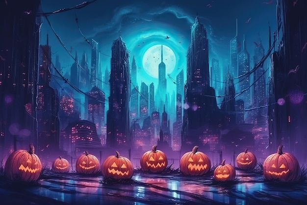 Halloween Pumpkins adorn a modern city backdrop illuminated by mesmerizing neon glows Generative AI