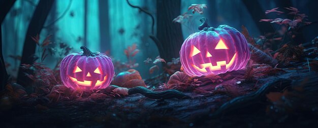halloween pumpkins are in the forest with bats and glowing sunlight in the style of light magenta