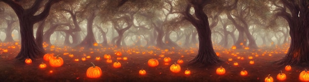 Halloween pumpkins are lying in the forest under the trees Panorama of a fabulous forest on the eve of Halloween 3d illustration