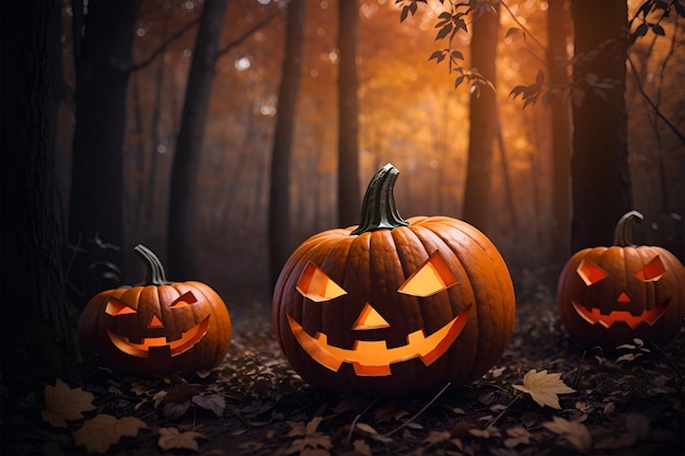 Halloween pumpkins in the autumn forest 3d rendering