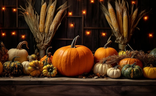 Halloween pumpkins and autumn leaves on wooden background with copy space