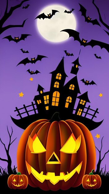 Halloween pumpkins and bat in the dark forest at night halloween scene cartoons