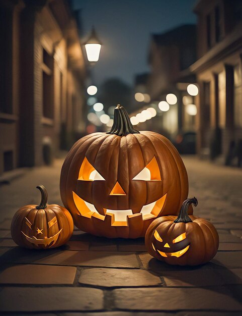 Halloween pumpkins and bat in the dark forest at night halloween scene