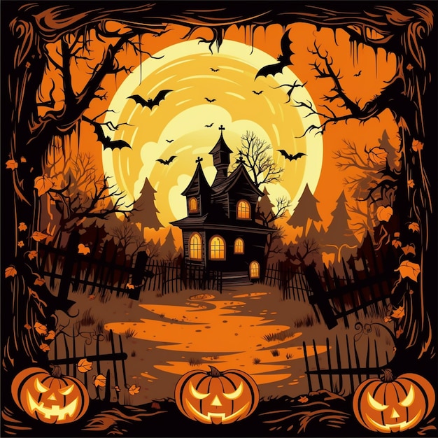 halloween pumpkins and bats in front of a spooky house generative ai