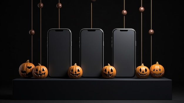 Photo halloween pumpkins on black background 3d render vertical