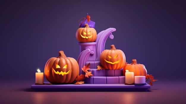 halloween pumpkins candles and bats with violet background