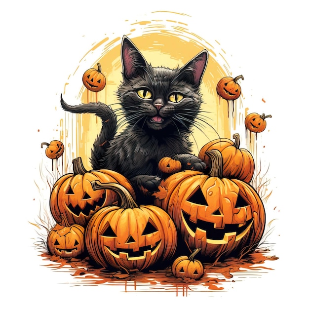 Halloween pumpkins and cat illustrations