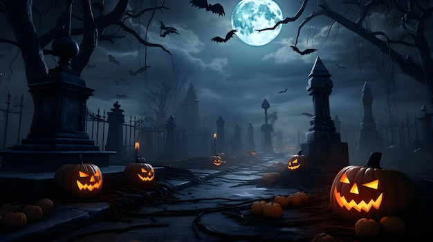Halloween Pumpkins on cemetery Halloween Background At Night Forest with Moon AI generated