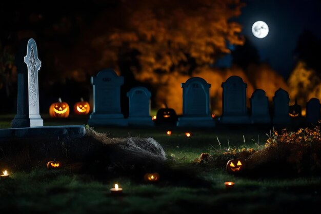 Halloween pumpkins in a cemetery with a full moon behind them.