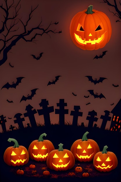 Хэллоуинские тыквы на кладбище с тыквой на стене