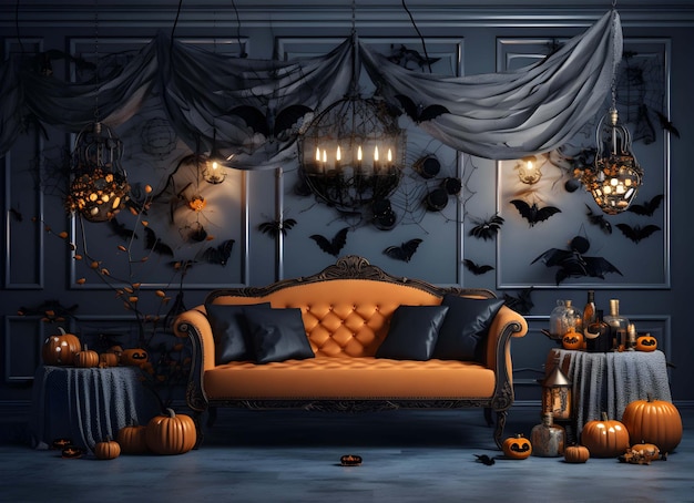 halloween pumpkins and a chandelier in a dark room.