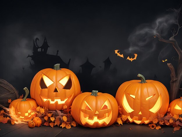 Halloween pumpkins on dark background with copy space Halloween background concept 3d illustration