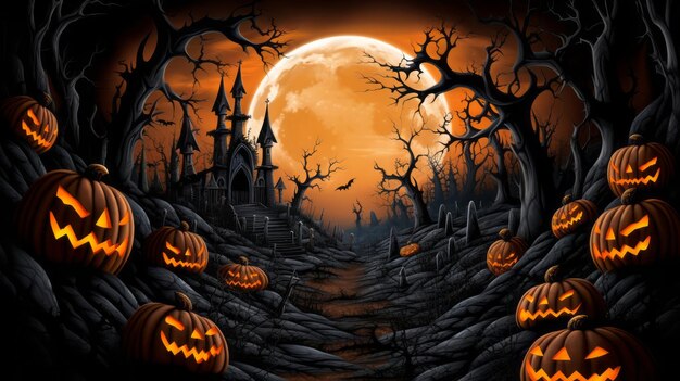 Хэллоуинские тыквы на темном фоне с полной луной на заднем плане
