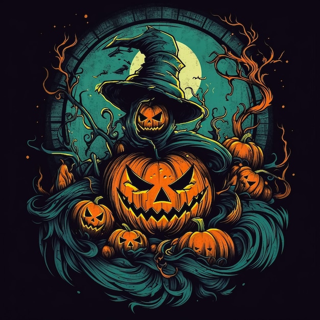 Halloween pumpkins and dark castle on blue Moon background illustration