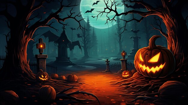 Photo halloween pumpkins and dark castle on blue moon background illustration