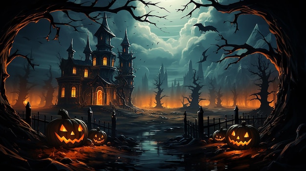 Halloween pumpkins and dark castle on blue Moon background illustration