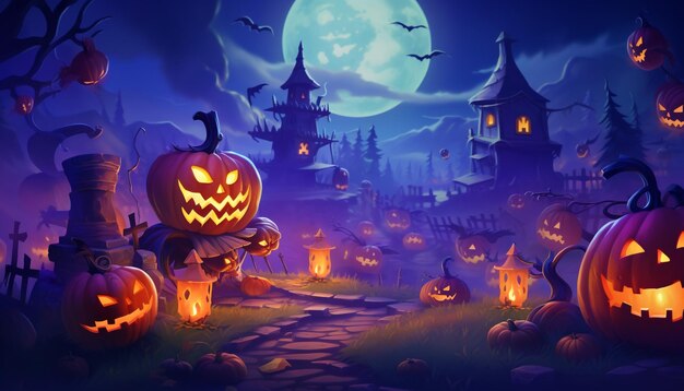 Halloween pumpkins and dark castle on blue Moon background illustration