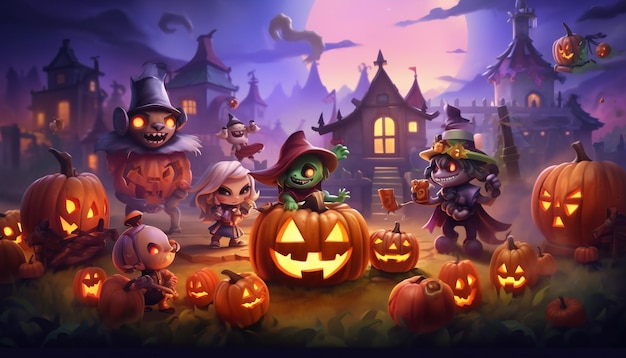 Halloween pumpkins and dark castle on blue Moon background illustration