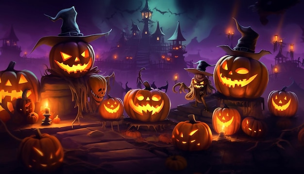 Halloween pumpkins and dark castle on blue Moon background illustration