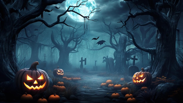 Halloween pumpkins and dark castle In the graveyard on blue Moon background in the spooky night Halloween Backdrop