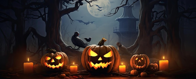 Halloween pumpkins and dark castle Haunted house Pumpkins and bats