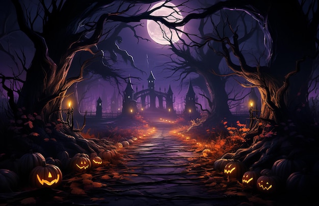 Halloween pumpkins in a dark forest on path with orange lights