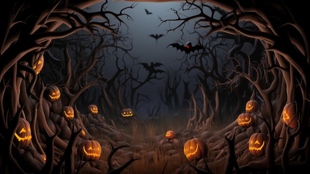 halloween pumpkins in a dark forest with bats and bats