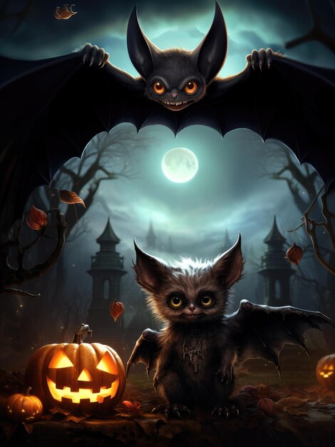 Halloween pumpkins in dark forest with bats Halloween background