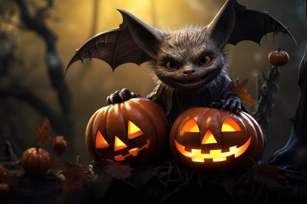 Halloween pumpkins in dark forest with bats Halloween background