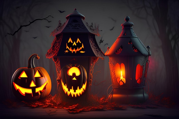 Halloween pumpkins in a dark forest with bats and a lantern