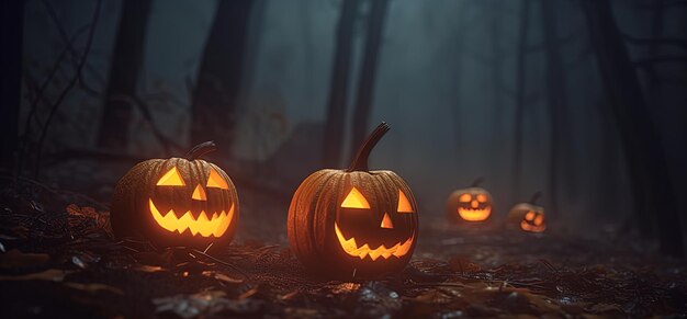 暗い背景の暗い森の中のハロウィーンのカボチャ