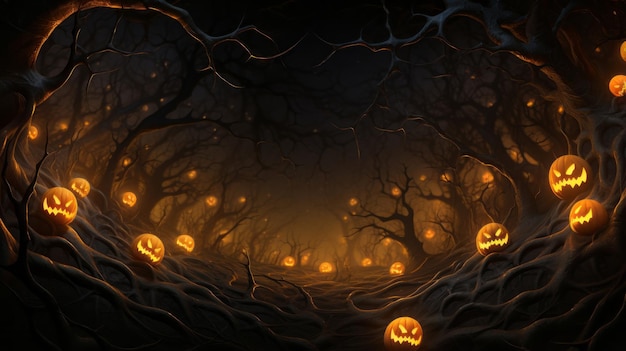 halloween pumpkins in a dark forest