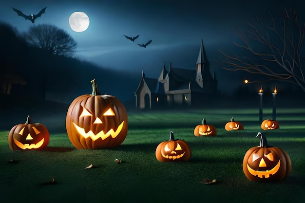 Halloween pumpkins in a dark sky with a castle in the background.