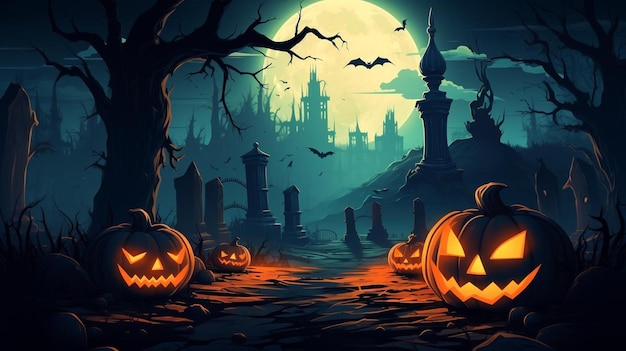 halloween pumpkins in the dark vector art illustration