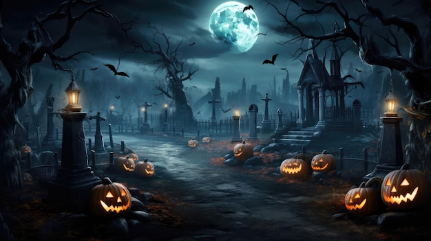 halloween pumpkins in the dark with bats flying around.