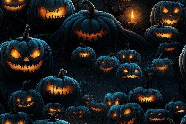 Foto zucche di halloween al buio con gli occhi luminosi
