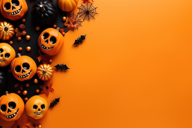 Halloween pumpkins and decorations on orange background