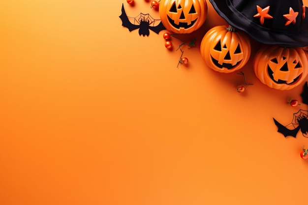 Halloween pumpkins and decorations on orange background