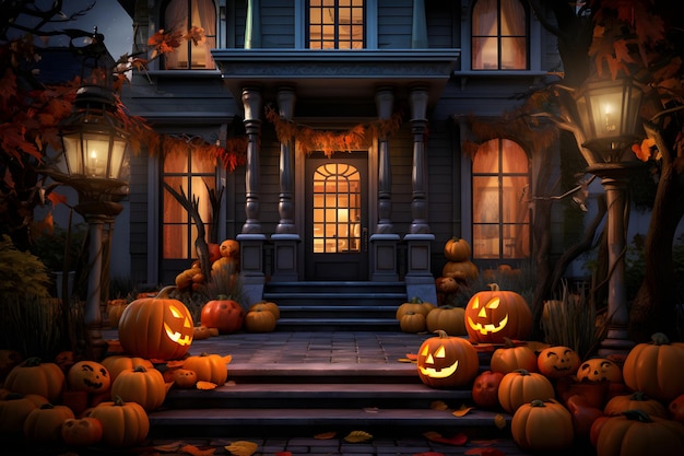 Halloween pumpkins and decorations outside a house Night view of a house with halloween decoration