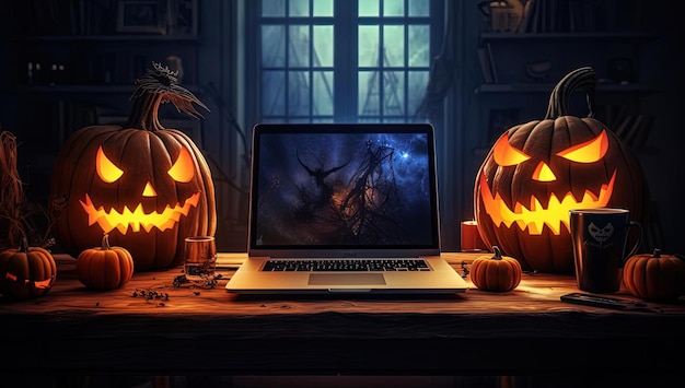 halloween pumpkins displayed on a table near a lit computer