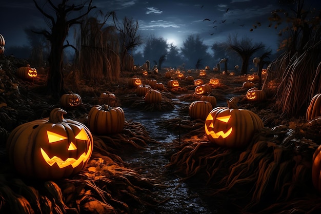 halloween pumpkins in a field with the moon behind them.